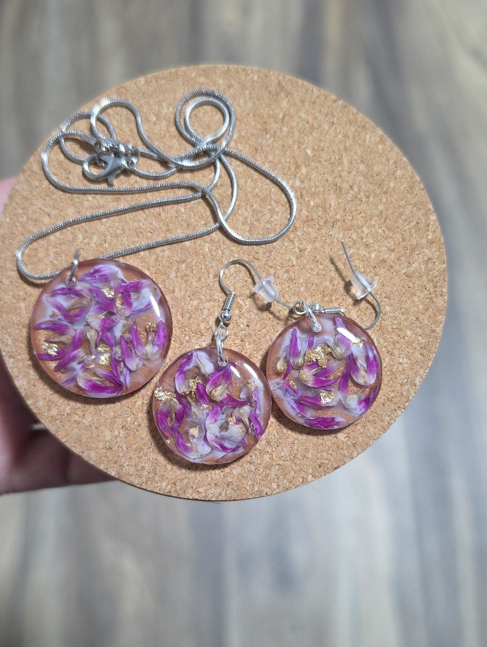 Handmade Purple Flower Resin Necklace & Earring Set - Picture 1 of 3